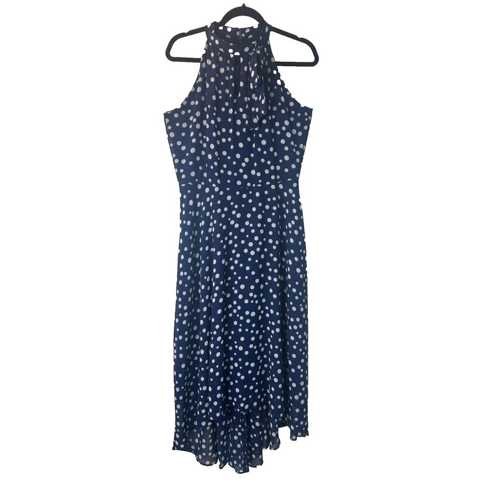 Tahari ASL High Halter Neck Dress SZ 10 Navy Blue White Polka Dot High Low Midi
